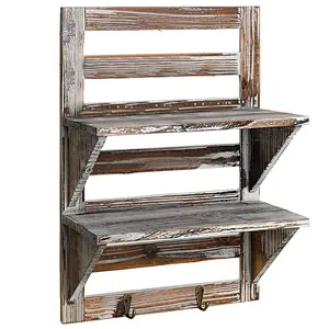 Rustic Wood Wall Mounted Organizer Shelves w/ 2 Hooks  2-Tier Storage Rack