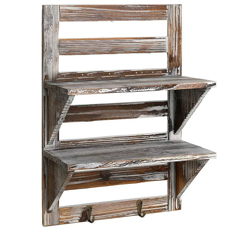 Rustic Wood Wall Mounted Organizer Shelves w/ 2 Hooks  2-Tier Storage Rack