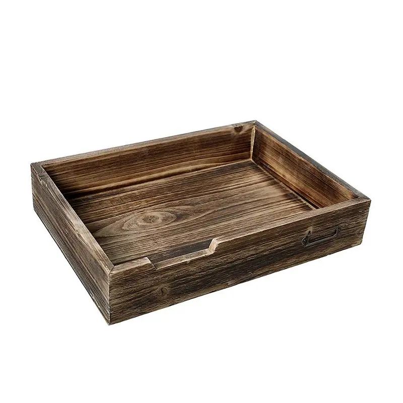 Stableman Rustic Dark Wood Desktop Office Supplies, Document & Paper Tray With Metal Label Holder