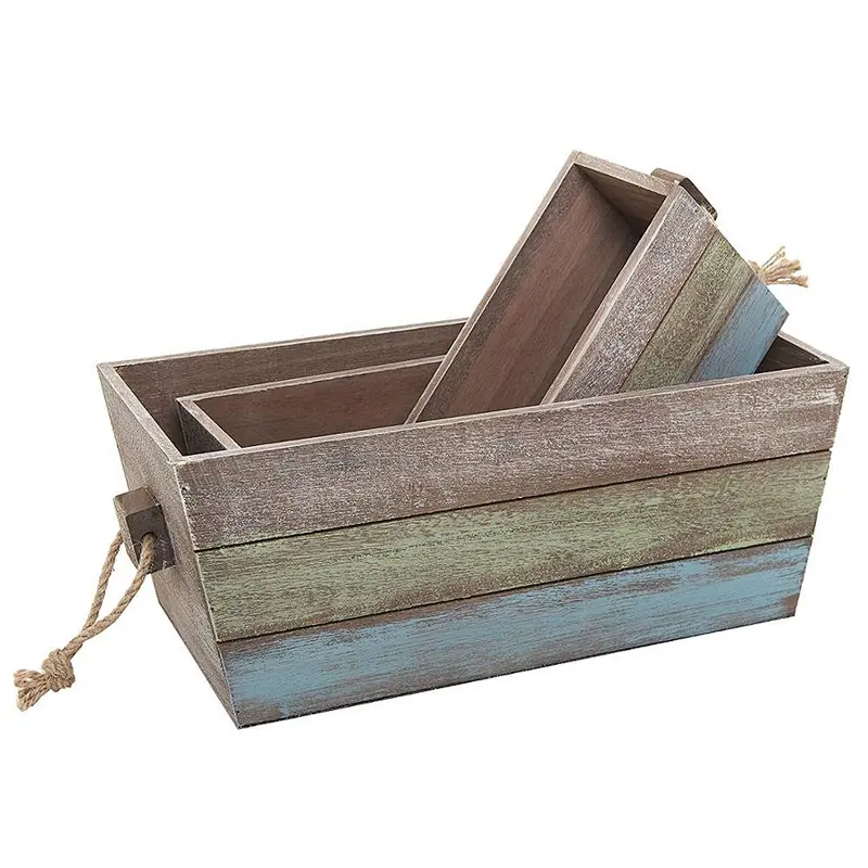 Nesting Wood Storage Crates, Stripe Design Wood Boxes with Rope Handles, Set of 3, Brown