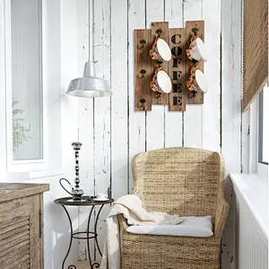 Kitchen Storage Rack-Wood Stand, Farmhouse Decor, Rustic Vintage Kitchen Wall Storage Brown Wood Wall Mounted Coffee Mug Hanger