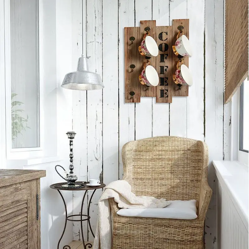 Kitchen Storage Rack-Wood Stand, Farmhouse Decor, Rustic Vintage Kitchen Wall Storage Brown Wood Wall Mounted Coffee Mug Hanger