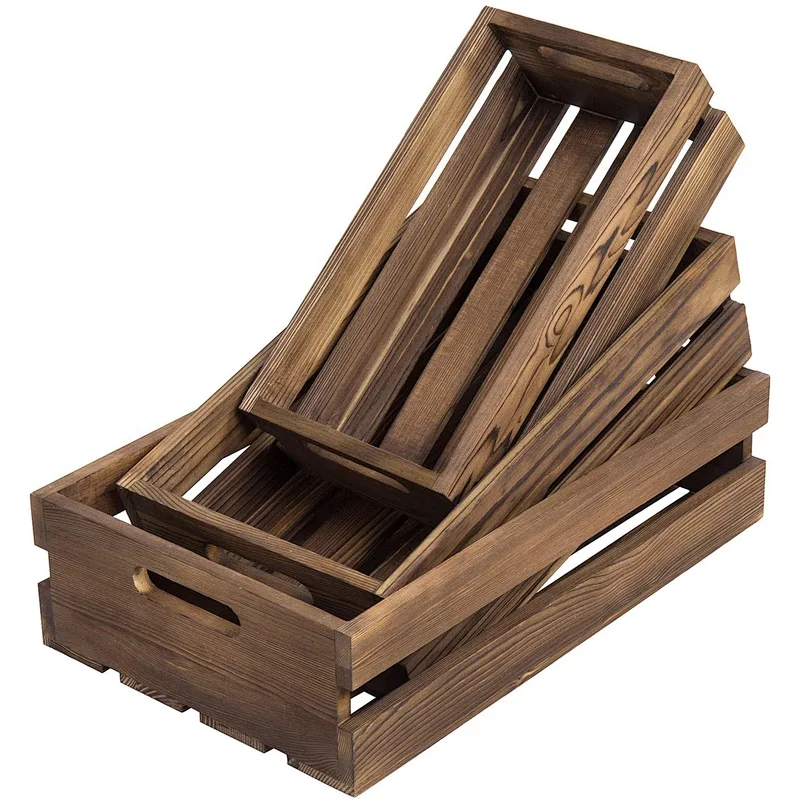 MyGift Rustic Brown Wood Decorative Nesting Storage Crates with Handles, Set of 3