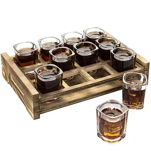 12 Shot Glass Server with Rustic Burnt Wood Tray