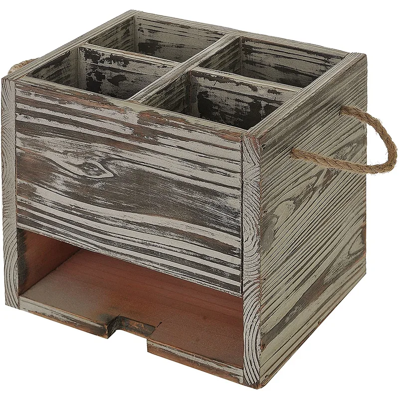 MyGift 4 Compartment Torched Wood Kitchen Dining Utensil Organizer Caddy with Napkin Holder