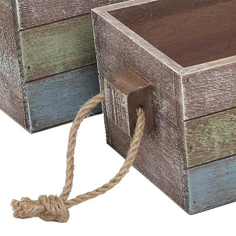 Nesting Wood Storage Crates, Stripe Design Wood Boxes with Rope Handles, Set of 3, Brown