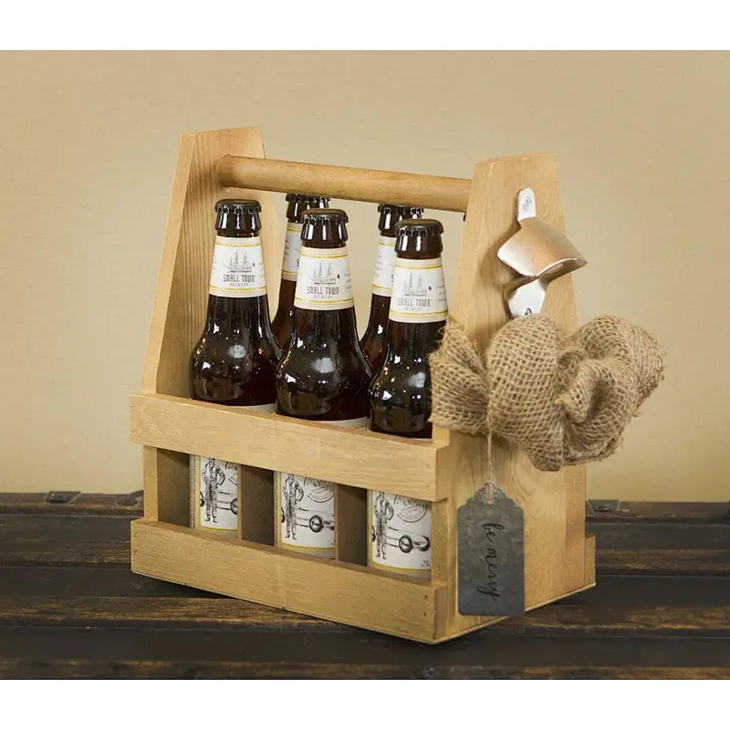 Beer Caddy Natural Wood Bottle Carrier 6-Pack Beer & Soda Glass Bottle Drink Caddy