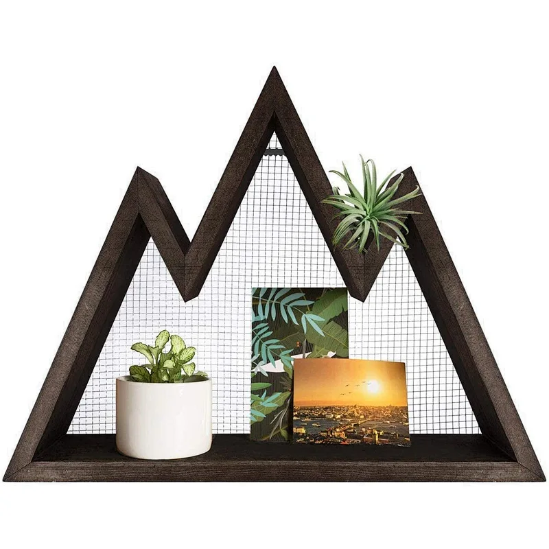 Mkono Wall Shelf Wood Floating Mountain Shelf Crystal Display Shelf Rustic Triangle Wall Art Geometric Decor for Nursery
