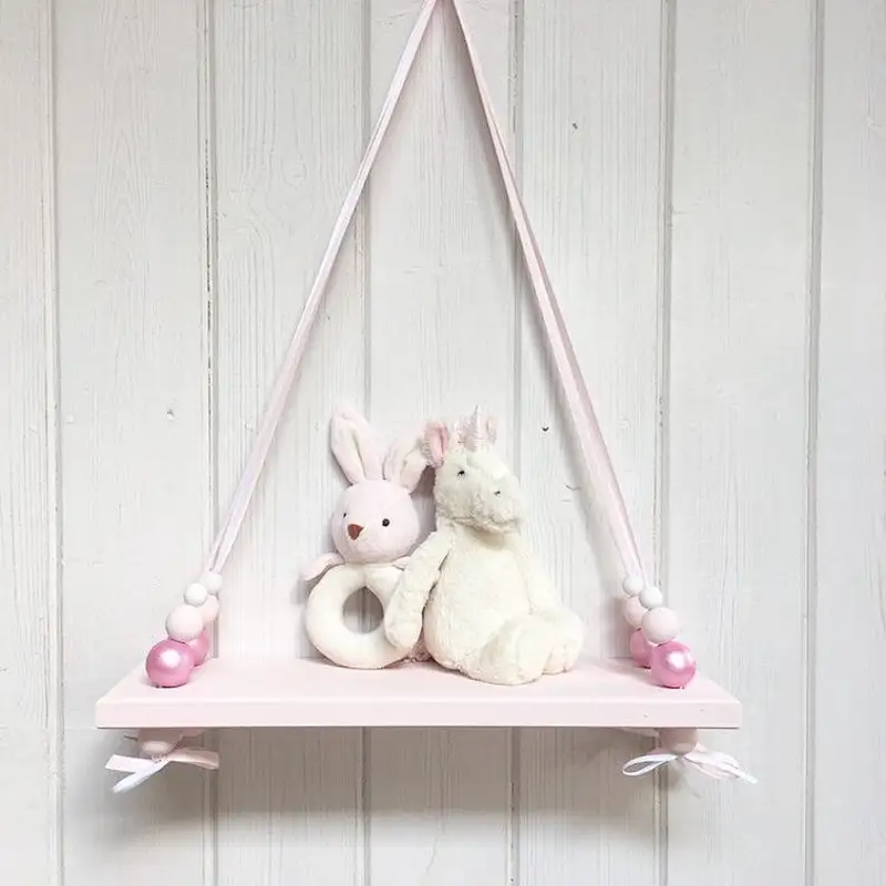 Pink Painted wood Wall Floating  Shelf | Nordic Style  wood Wall Floating   Shelf | Hanging Bead   wood Wall   Floating   Shelf
