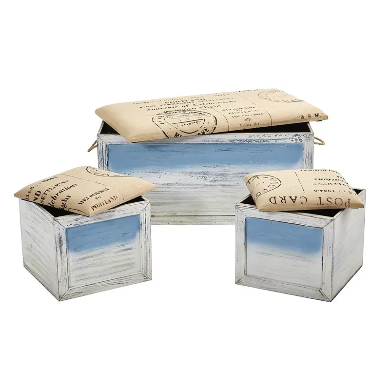 Wooden Boxes, Ocean Breeze Storage Boxes, Bench and Seating Set (Set of 3)