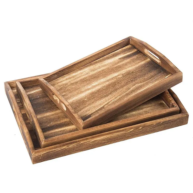 Handles Nesting Breakfast Serving Trays Decorative Rectangular Wood Display Tray Set Nested Food Tray