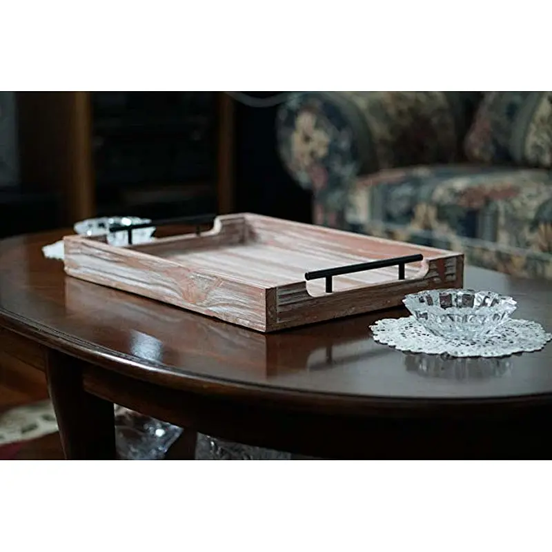 arge Decorative Farmhouse Tray - Wooden Ottoman Tray for Living Room and Kitchen - Rustic Serving and Decor Trays