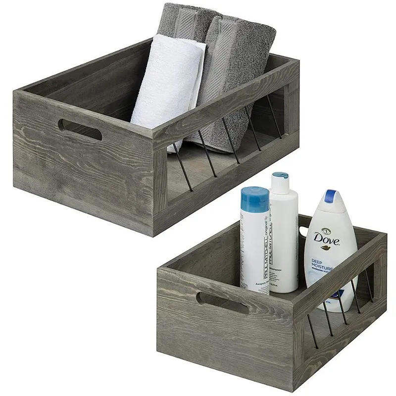 Vintage Gray Wood & Metal Wire Nesting Storage Crates with Handles,rustic,antique,minimalist