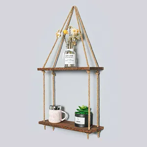 1/2/3 Tiers Wooden Hanging Rope Shelf Wall Mounted Floating Shelf Storage Rustic  Shelf boho