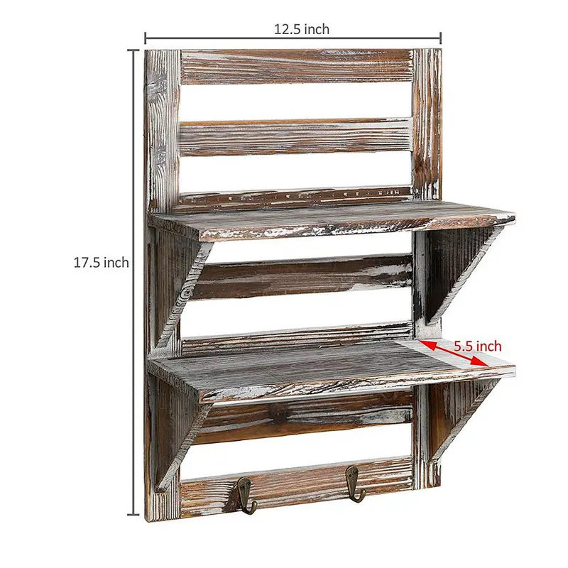 Rustic Wood Wall Mounted Organizer Shelves w/ 2 Hooks  2-Tier Storage Rack