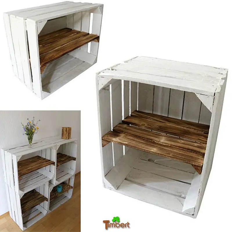 Shoe shelf old white OBSTKISTE with intermediate board sturdy wooden crates