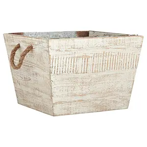 Modern Farmhouse Wood Decor Storage Bin Basket, 14 Inch, White Washed,wooden boxes