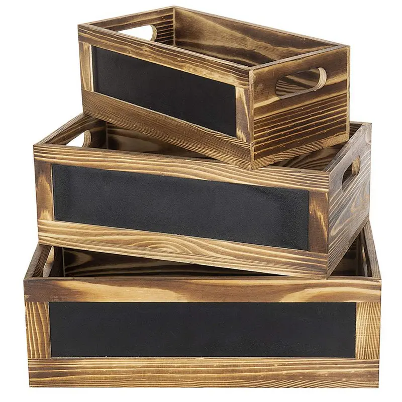Rustic Burnt  Office  School Supplies Wood Nesting Storage Crates with Chalkboard Front Panels, Set of 3