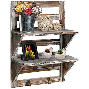 Rustic Wood Wall Mounted Organizer Shelves w/ 2 Hooks for bathroom