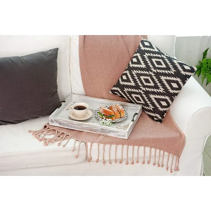 Wooden tray, 3-piece oversize coffee table tray - retro country design - metal handle