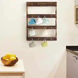 Simple and retro feeling  Wall Mounted 16-Hook Torched Wood Coffee Mug Cup Holder Display Rack