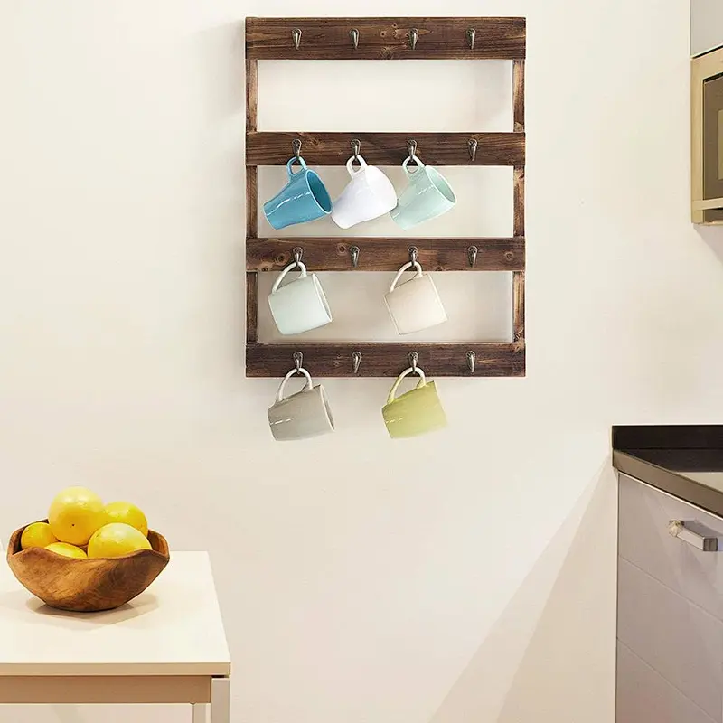 Simple and retro feeling  Wall Mounted 16-Hook Torched Wood Coffee Mug Cup Holder Display Rack