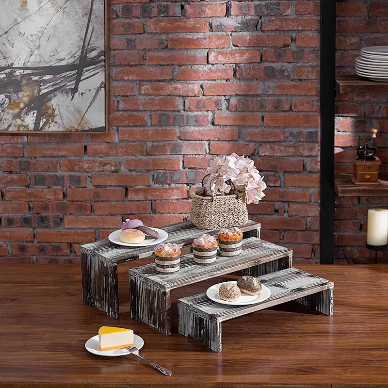 Set of 3 Torched Wood Retail Display Risers-Tray-Multipurpose-Country Rustic Wood Crate Design Tabletop Organizer Display Rack