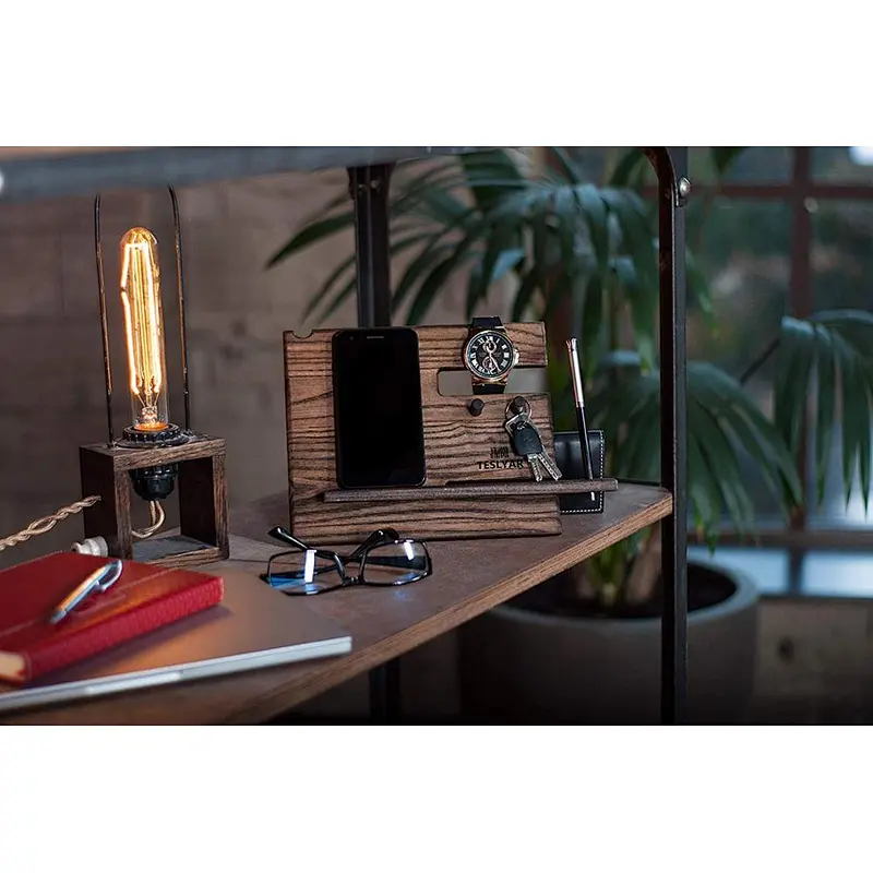 Mens wood phone docking station desk mobile phone holder docking station wood