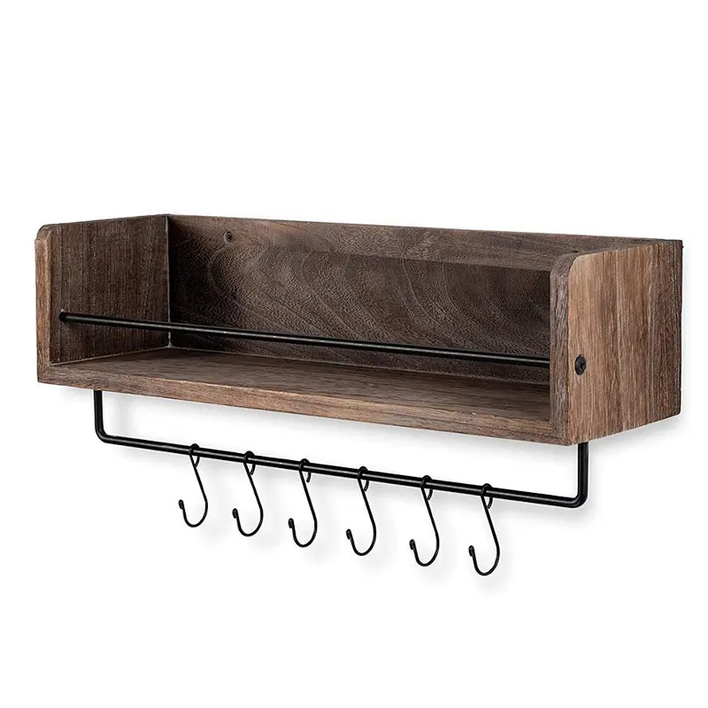 Wall Mount Floating Shelf with Rail and Hooks | Farmhouse Design 20 Inch Torched Distressed Wood Vintage