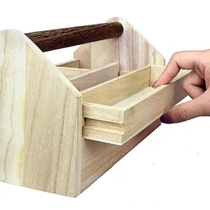 Natural Wood Color Wooden Craft Tool Box Caddy with a Handle