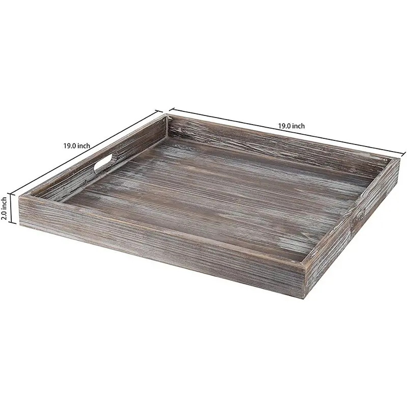 MyGift 18-Inch Square Rustic Torched Wood Ottoman Tray
