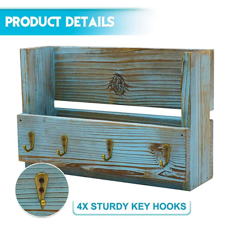 Wall Mount Mail Holder Wood Rustic Key Envelope Organizer with 4 Hooks for Entryway, Mudroom, Office, Kitchen