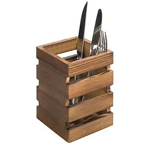 Rustic Burnt Wood Cooking Utensil Holder with Slatted Sides Storage Box