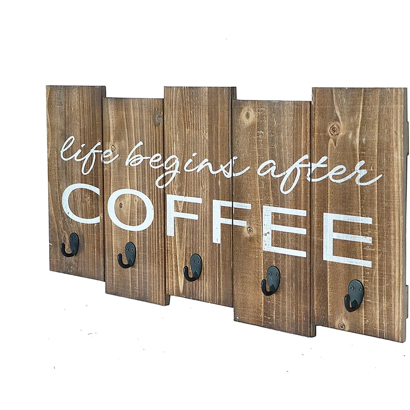 Creations Rustic Coffee Mug Rack Wall Mounted, Printed Coffee Sign - 6 Coffee Cup Hooks