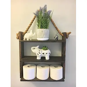Bathroom Shelf Organizer with Towel Hooks  Modern Farmhouse Brown Country Storage  Apartment Decor
