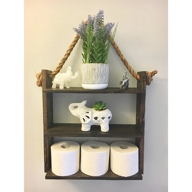Bathroom Shelf Organizer with Towel Hooks  Modern Farmhouse Brown Country Storage  Apartment Decor