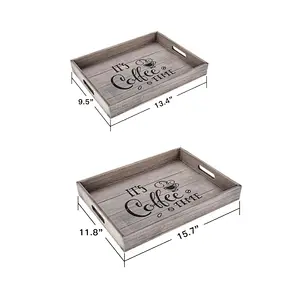 Set of 2 Rustic Wooden Serving Trays with Cutout Handles for Breakfast, Bar, Coffee Table, Coffee