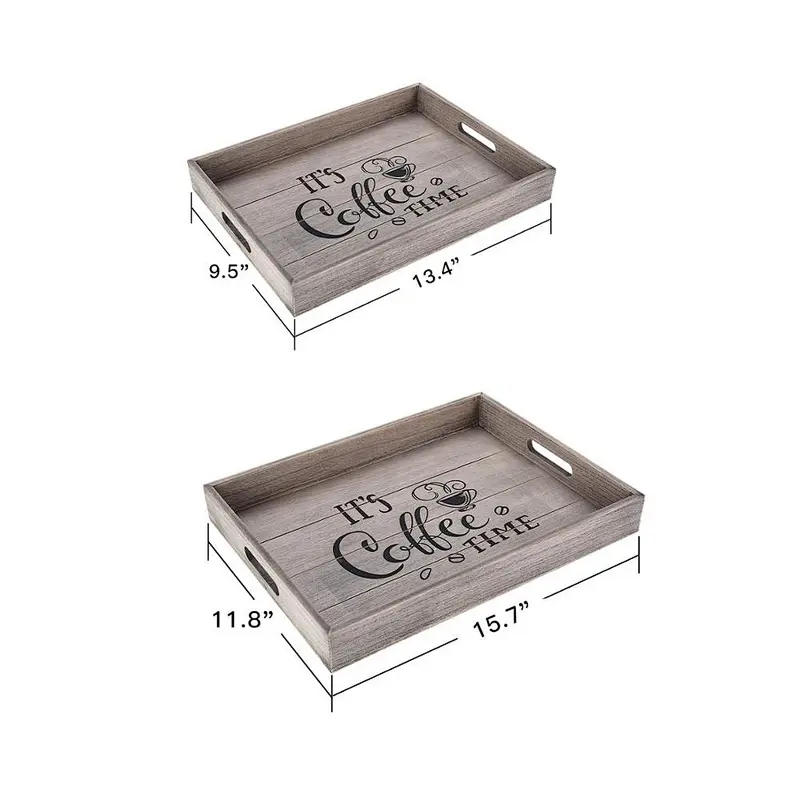 Set of 2 Rustic Wooden Serving Trays with Cutout Handles for Breakfast, Bar, Coffee Table, Coffee