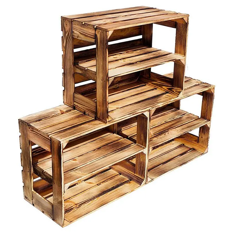 1 x Burnt wood Shelf Rack - Wooden Apple Crates, ideal storage boxes box display crate shoe rack