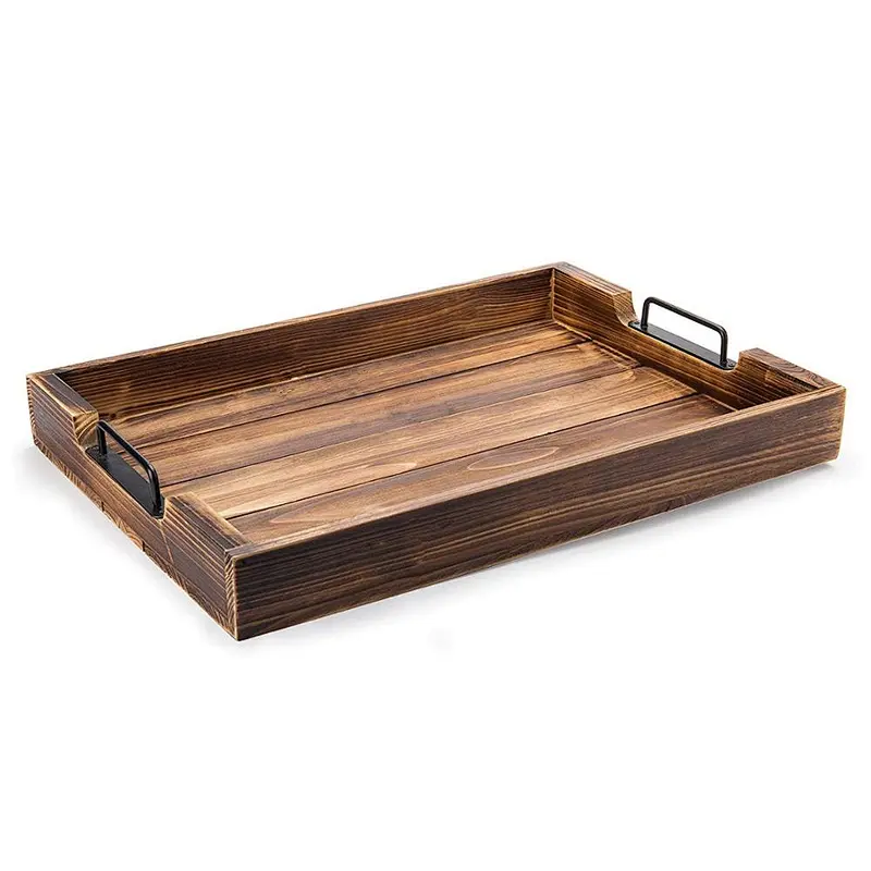 Antique Brown Wooden Serving Tray With Metal Handles Large Wooden Trays for decoration ottoman tray set