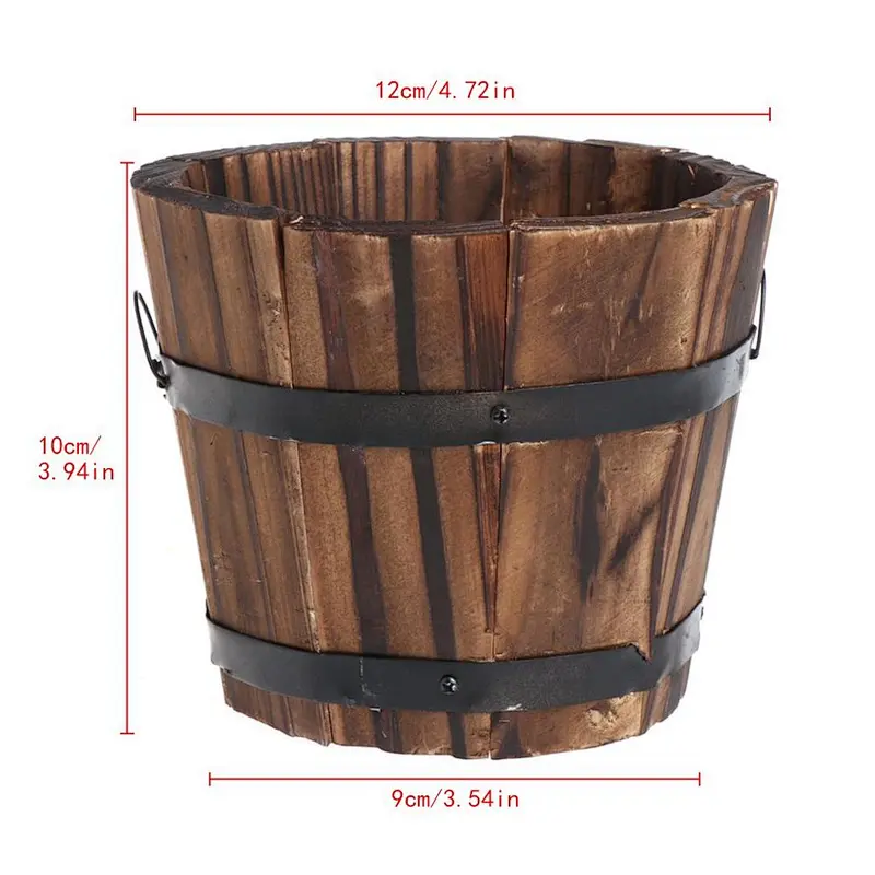Wood land planter flower box-Retro Round Wooden Flower Pots Planter Barrel Home Garden Outdoor Decoration