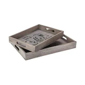 Set of 2 Rustic Wooden Serving Trays with Cutout Handles for Breakfast, Bar, Coffee Table, Coffee