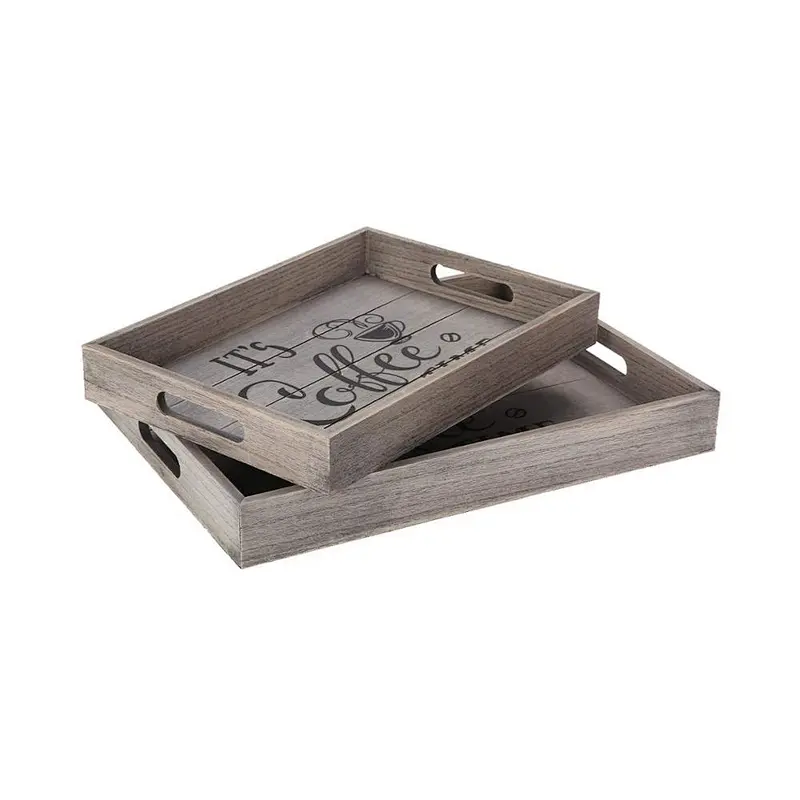 Set of 2 Rustic Wooden Serving Trays with Cutout Handles for Breakfast, Bar, Coffee Table, Coffee