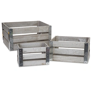 Rect Wooden Fruit  Crate with Metal Corner Set of Three - Antique Grey