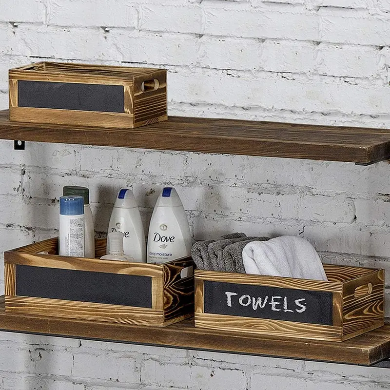 Rustic Burnt  Office  School Supplies Wood Nesting Storage Crates with Chalkboard Front Panels, Set of 3