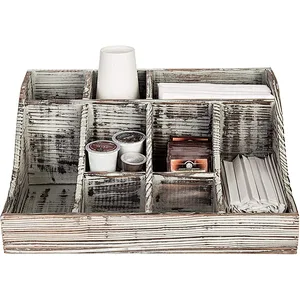 9-Compartment Rustic Torched Wood Tabletop Condiment Holder  Coffee & Tea Storage Caddy