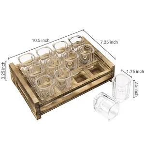 12 Shot Glass Server with Rustic Burnt Wood Tray