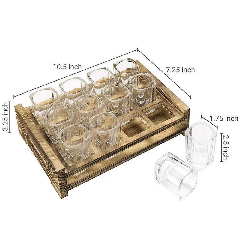 12 Shot Glass Server with Rustic Burnt Wood Tray