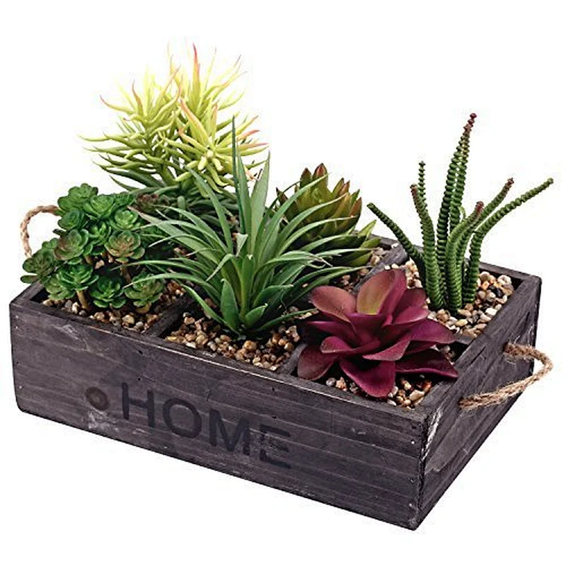 Potted Artificial Succulent Plants in Rustic Wooden Planter Box with Rope Handles