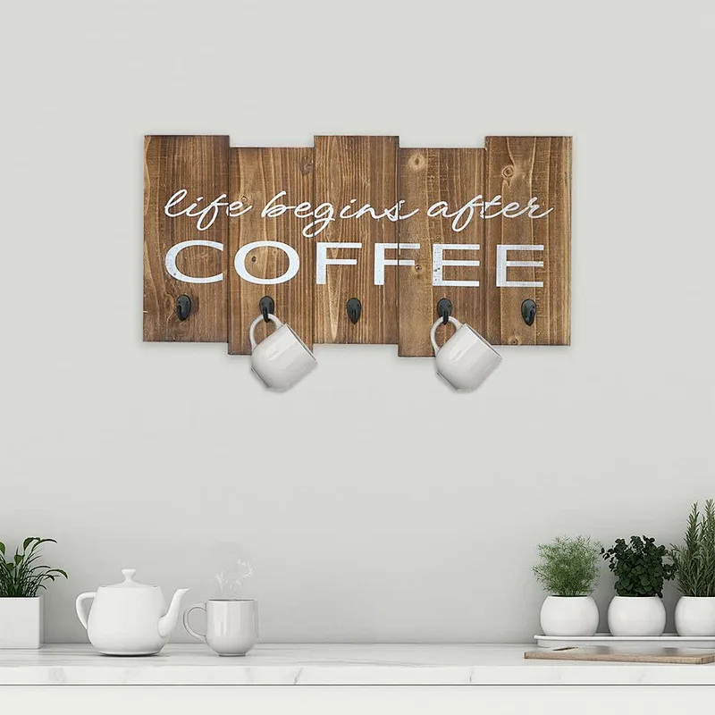Creations Rustic Coffee Mug Rack Wall Mounted, Printed Coffee Sign - 6 Coffee Cup Hooks